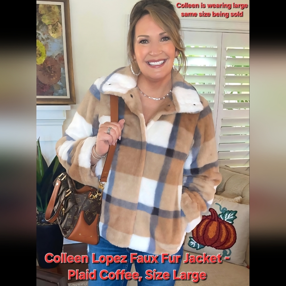Lg. Colleen Lopez Faux Fur Jacket - Coffee Plaid- Very Soft, Warm, Breathable